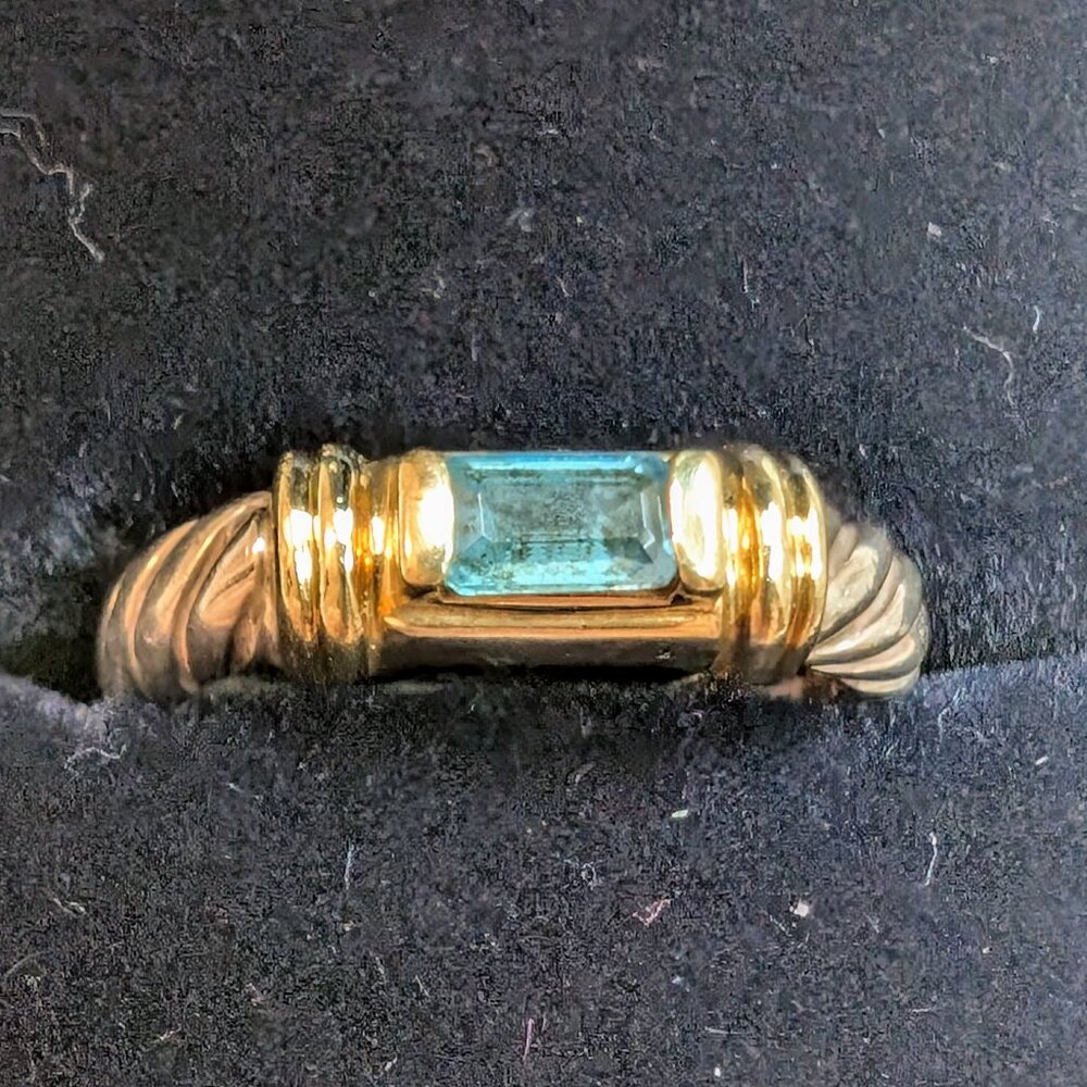 David Yurman Blue Tourmaline 14 Karat Gold Sterling Silver Metro Ring S6 - RARE